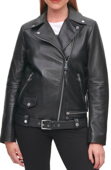 Logo Fringe Leather Moto Jacket