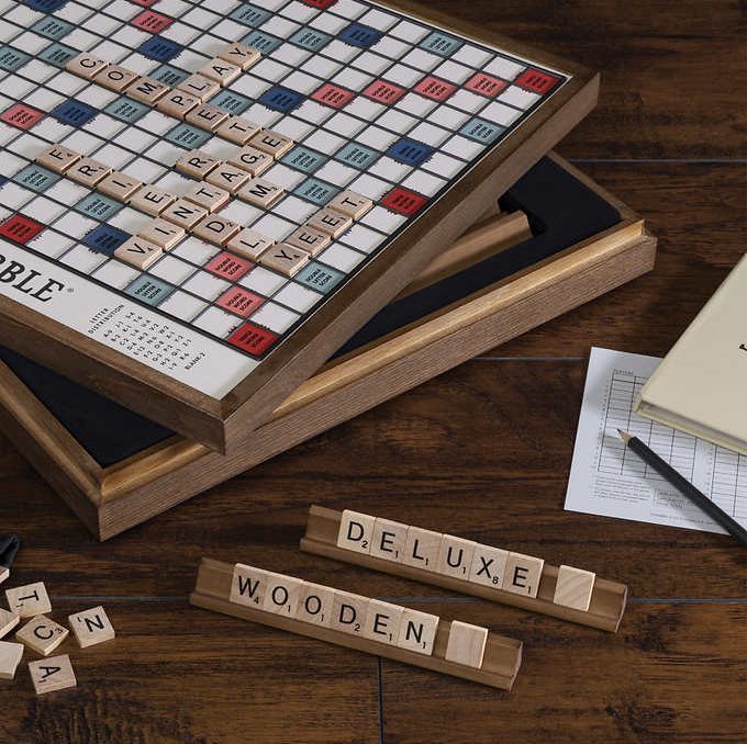Scrabble Deluxe Vintage Wood Game Set with Lazy Susan