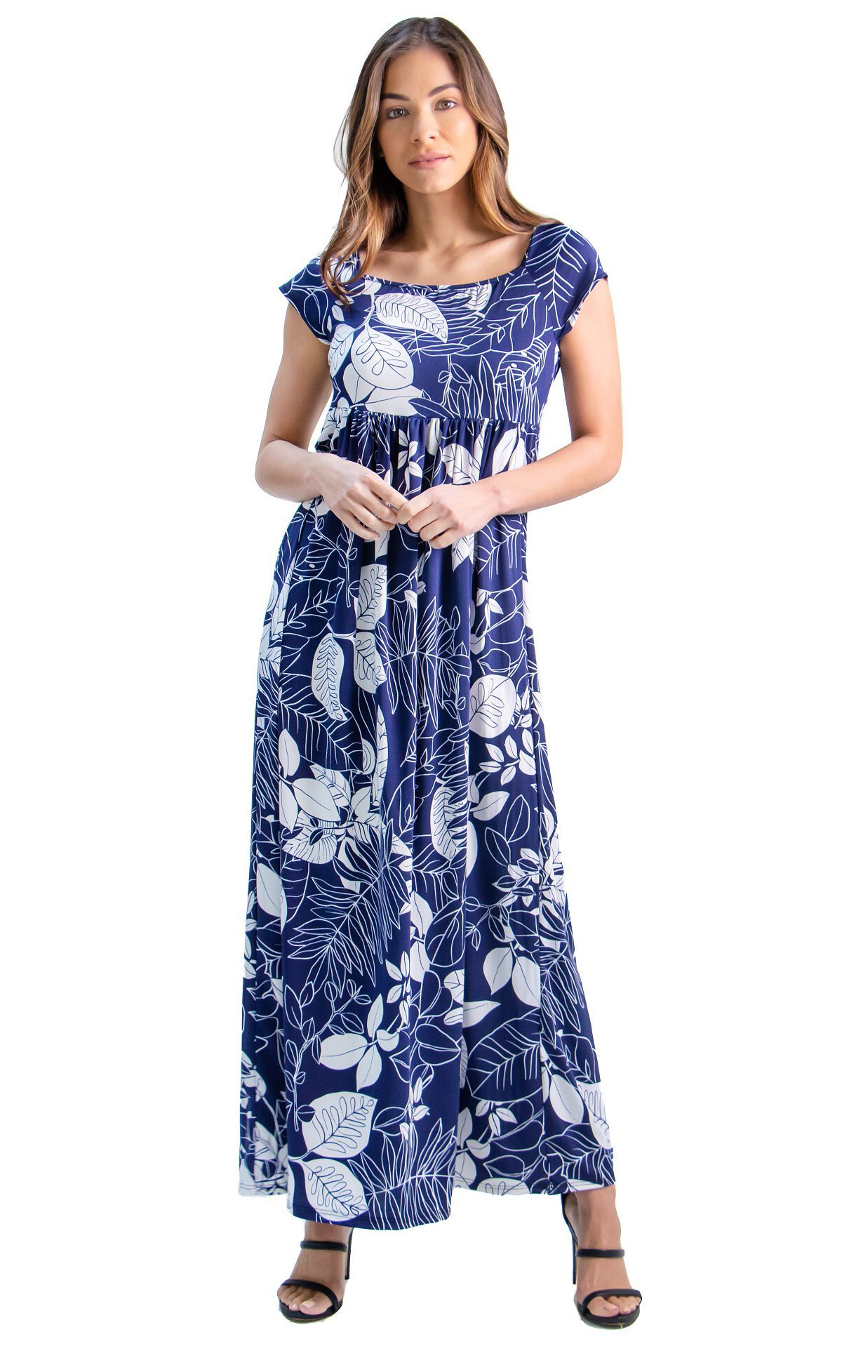 24seven Comfort Apparel Navy Print Pleated Maxi Dress