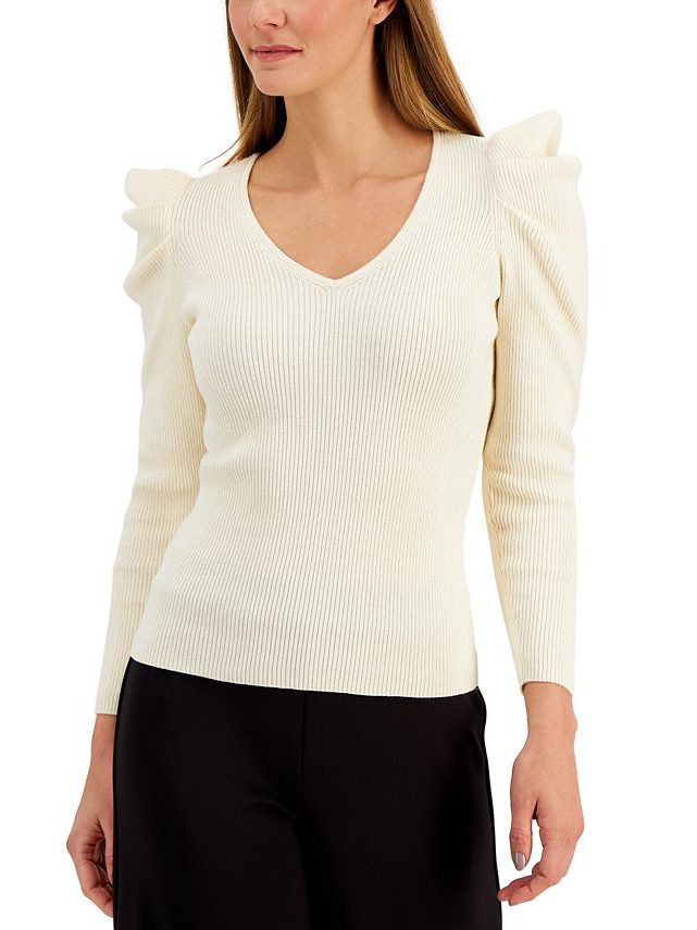 Anne Klein Ribbed Puff Sleeve Sweater