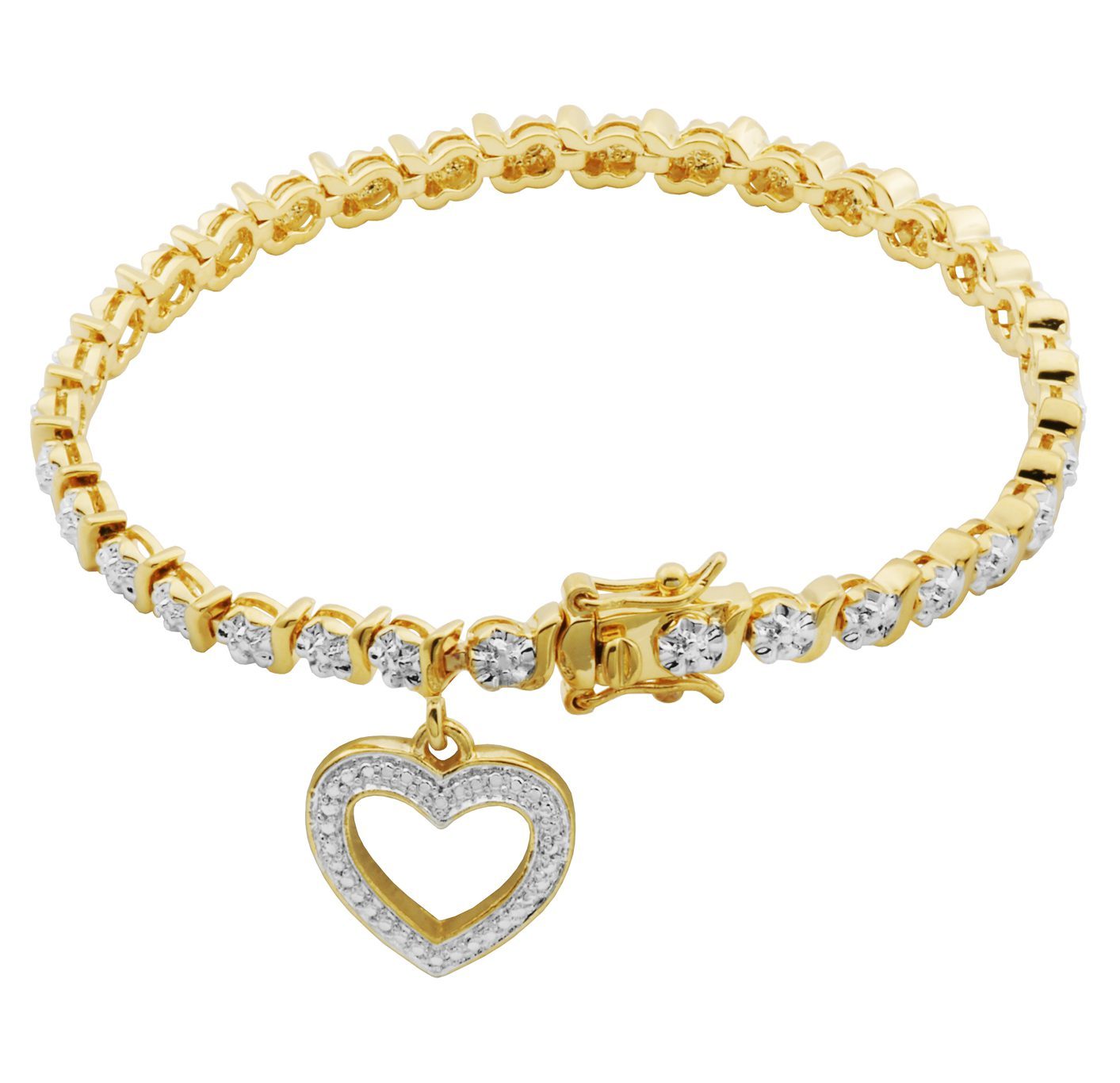 Forever Facets Gold Plated Diamond Heart Charm Tennis Bracelet