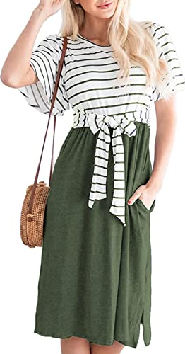MEROKEETY Women's Striped Swing Midi Dress