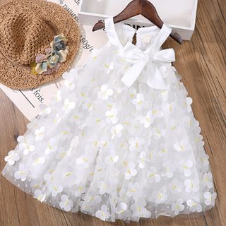 Girls White Butterfly Embroidered Sleeveless Dress