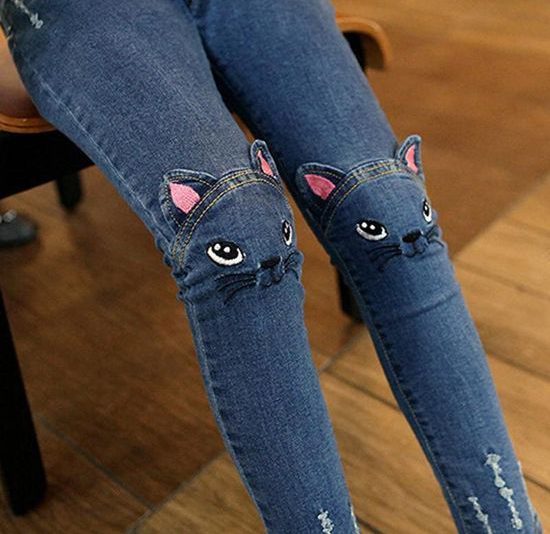 Embroidery Cat Water Wash Denim Pants