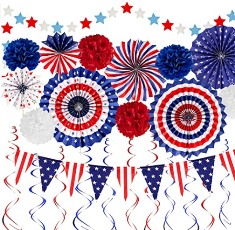 Red White and Blue Decorations with USA Flag Pennant Paper Fans Pom Poms Star Streamer